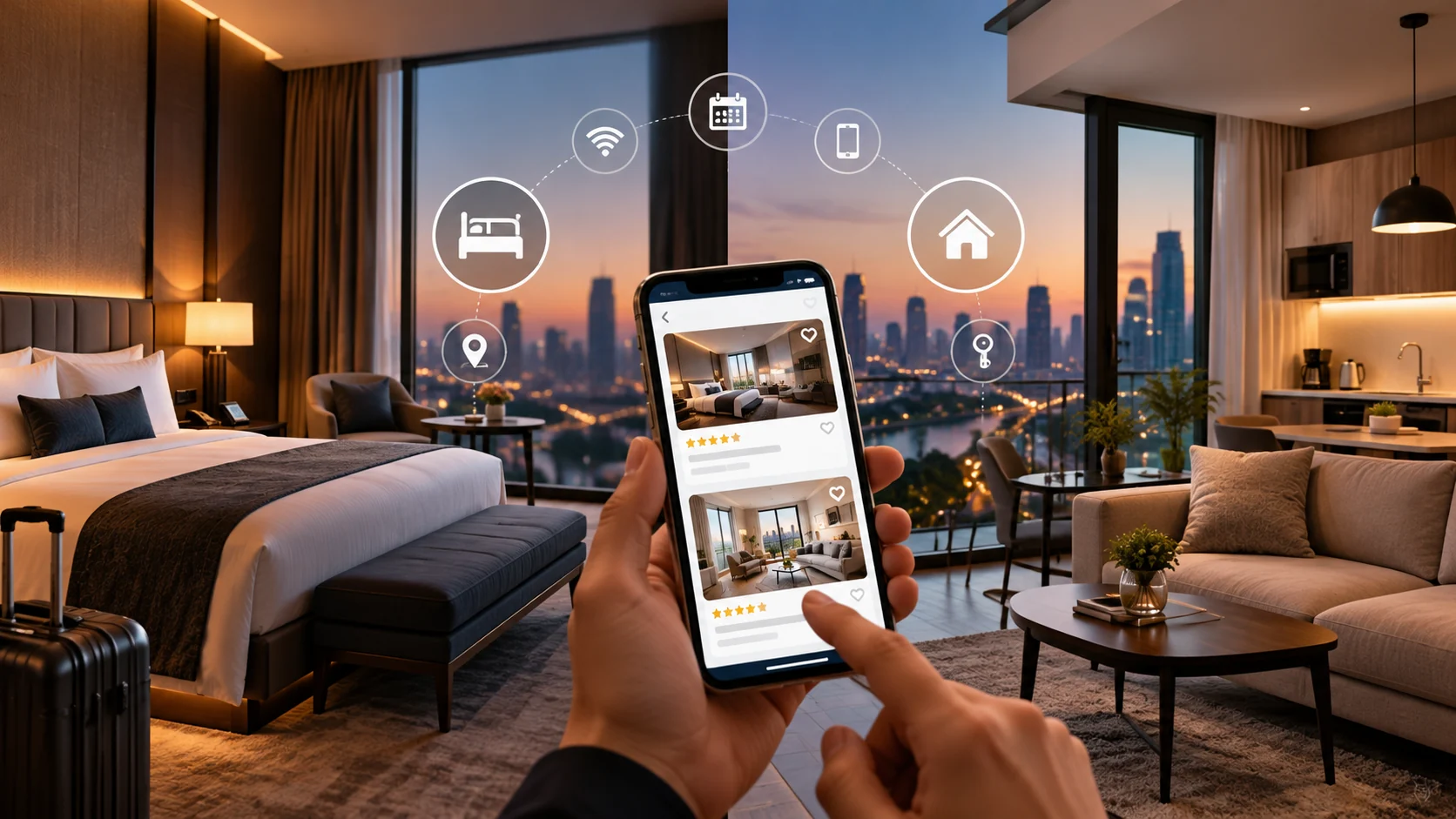 Hotel room and furnished apartment compared through a smartphone booking platform.
