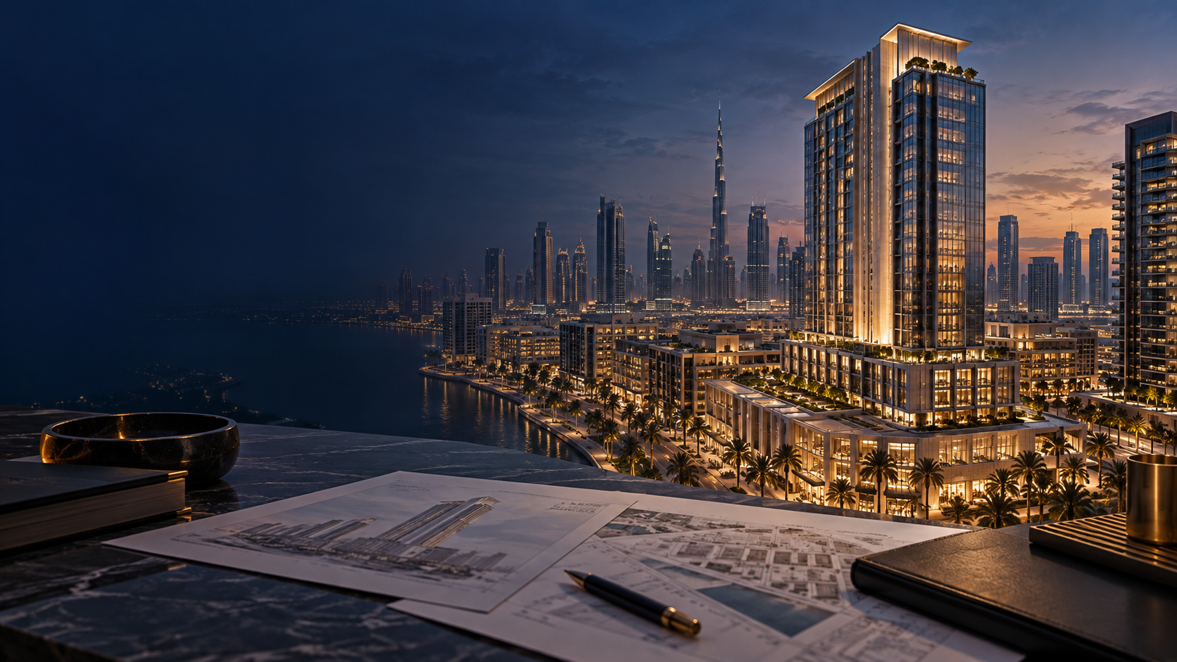 A mixed-use hotel development at dusk, viewed from an architectural planning desk.
